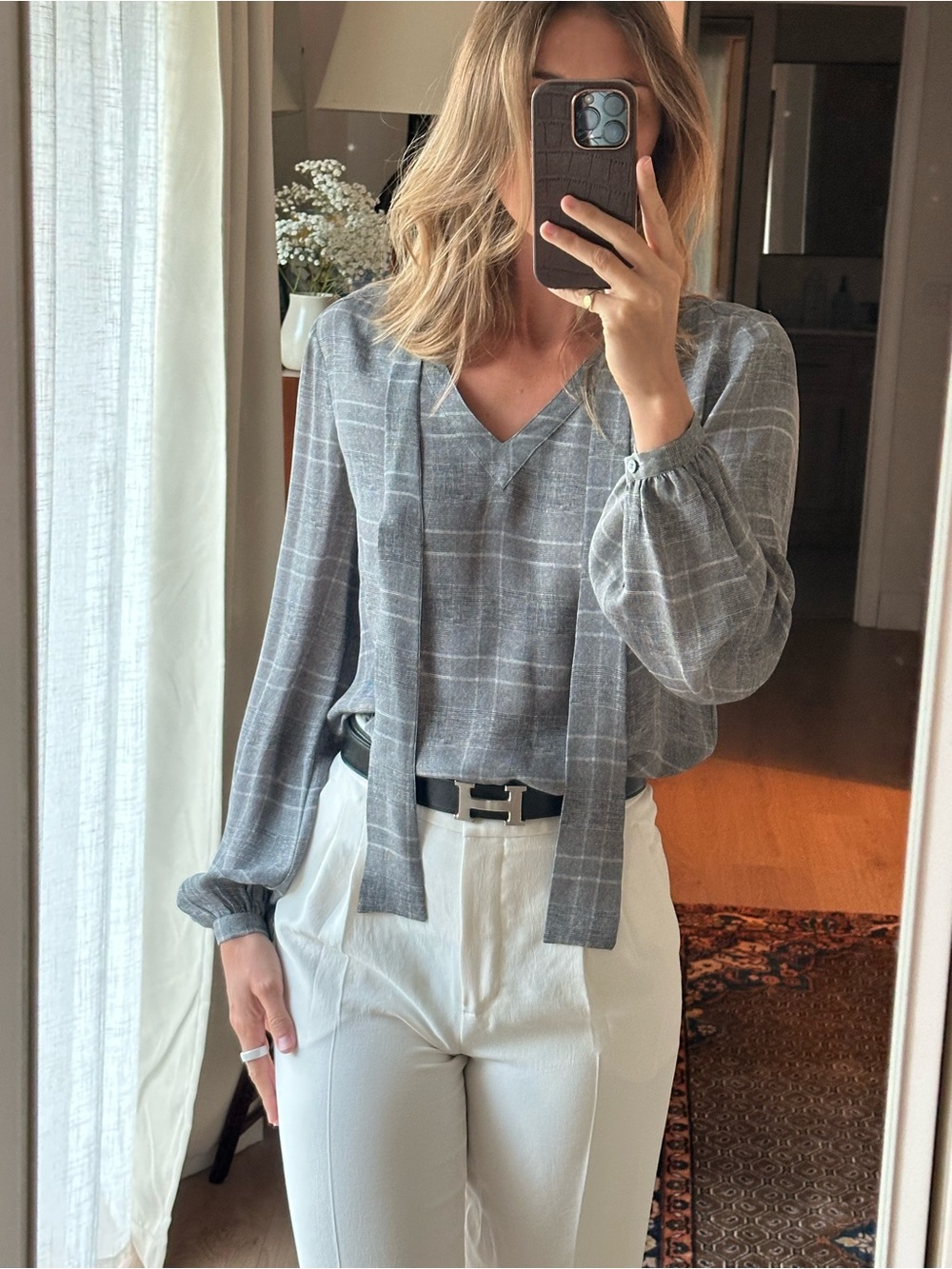 Carlisle Gray Plaid Tie-Neck Blouse